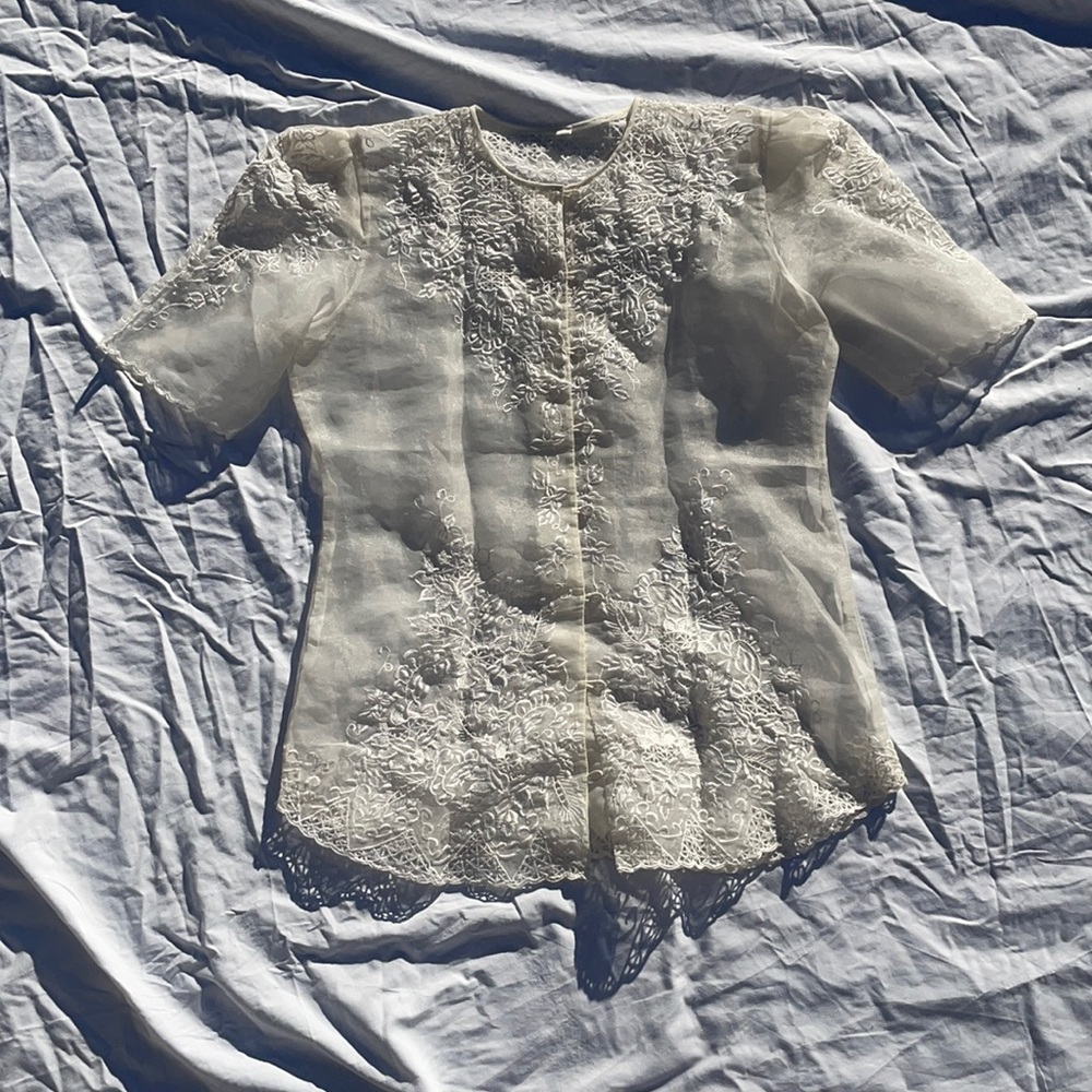 Size Medium white embroidered sheer blouse